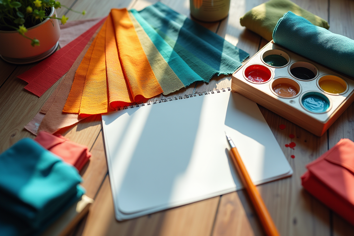 Espace de travail créatif avec échantillons de tissus et palette