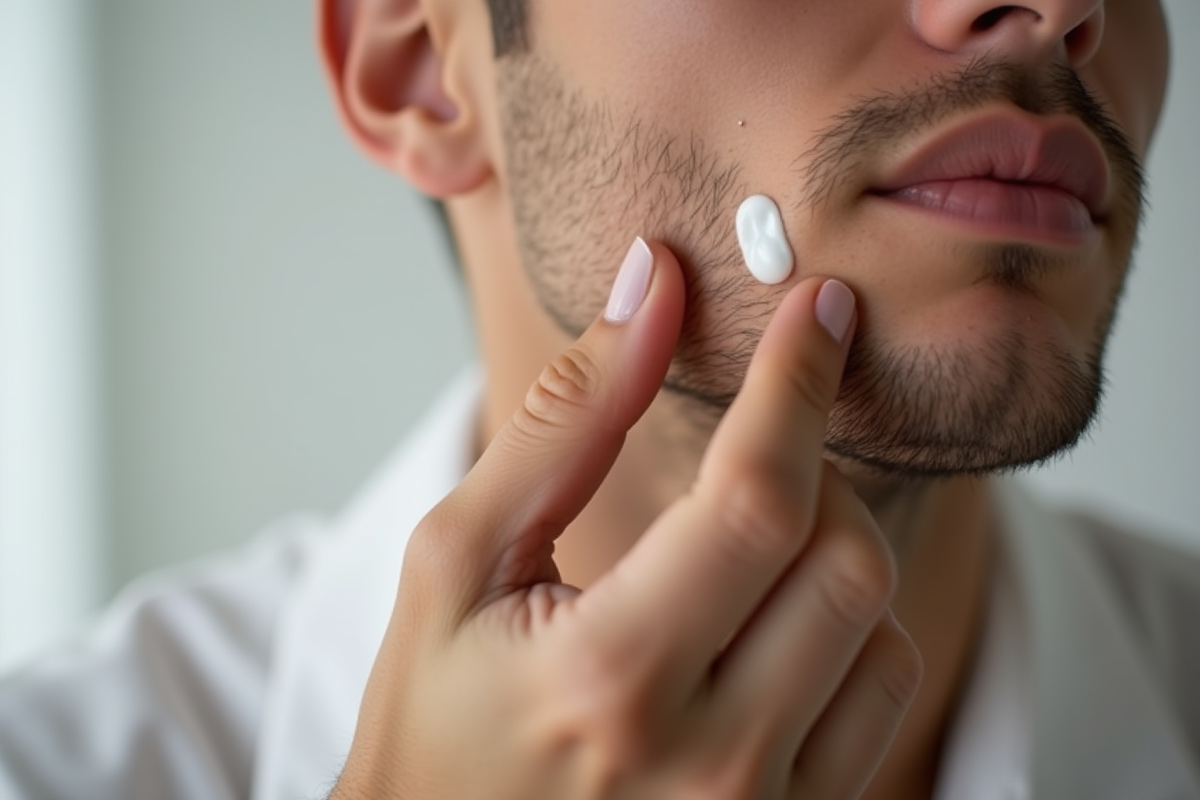 Main appliquant une creme sur un bouton sur la joue