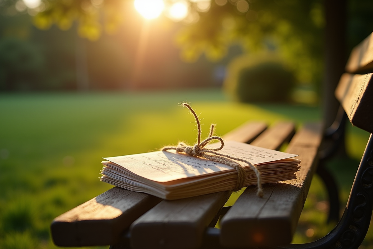Banc dans un jardin avec notes attachées en fil de jute au matin
