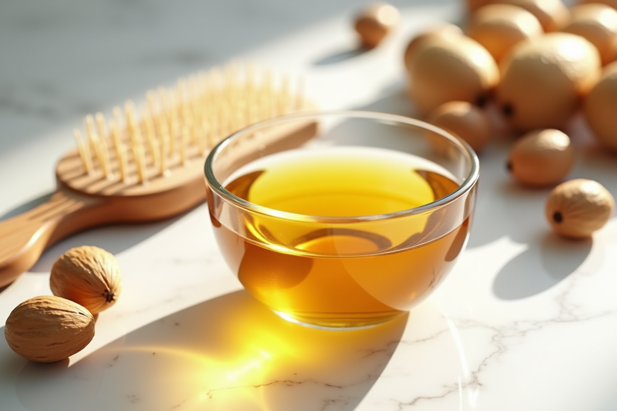 Bol d huile d argan avec noix et peigne en bois sur marbre