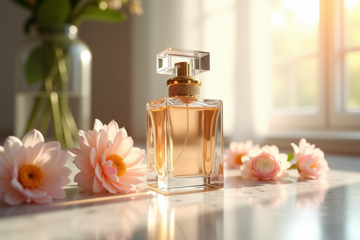 Bouteille de parfum élégante avec accents dorés sur marbre