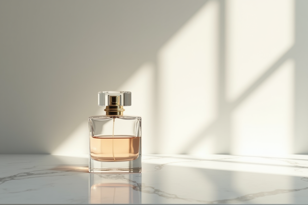 Bouteille de parfum élégante sur surface en marbre blanc