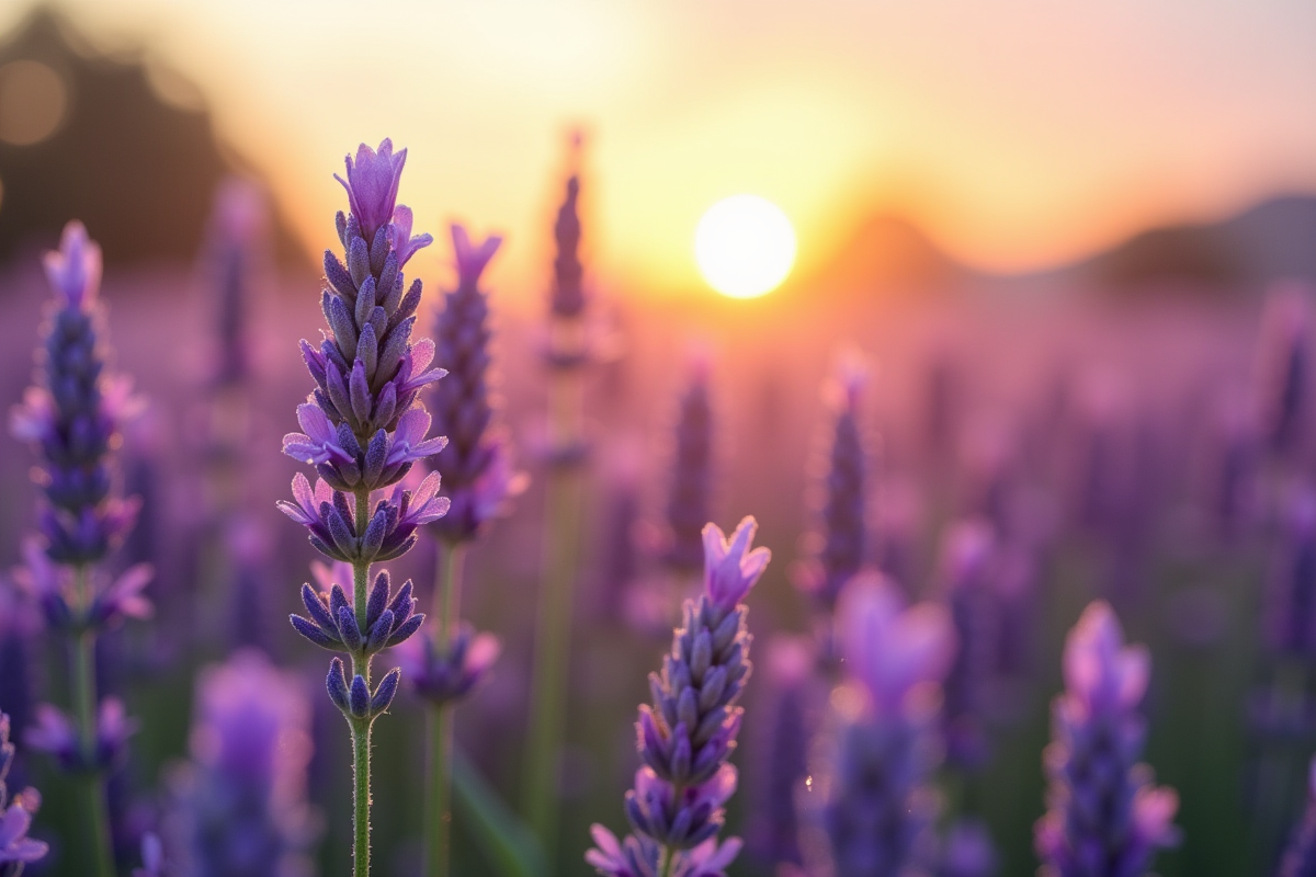 Champ de lavande au lever du soleil avec rosée