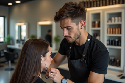 Jeune coiffeur homme en action dans un salon moderne