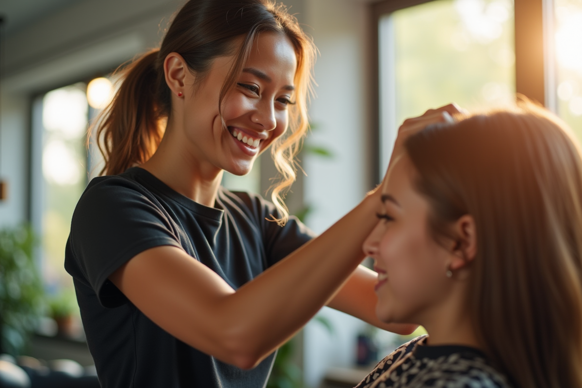 Coiffeur souriant en train de styliser une cliente dans un salon lumineux