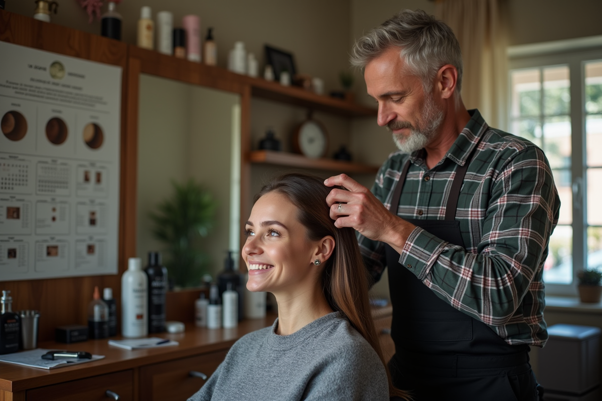 Homme coiffeur donnant une coupe à une femme dans un salon