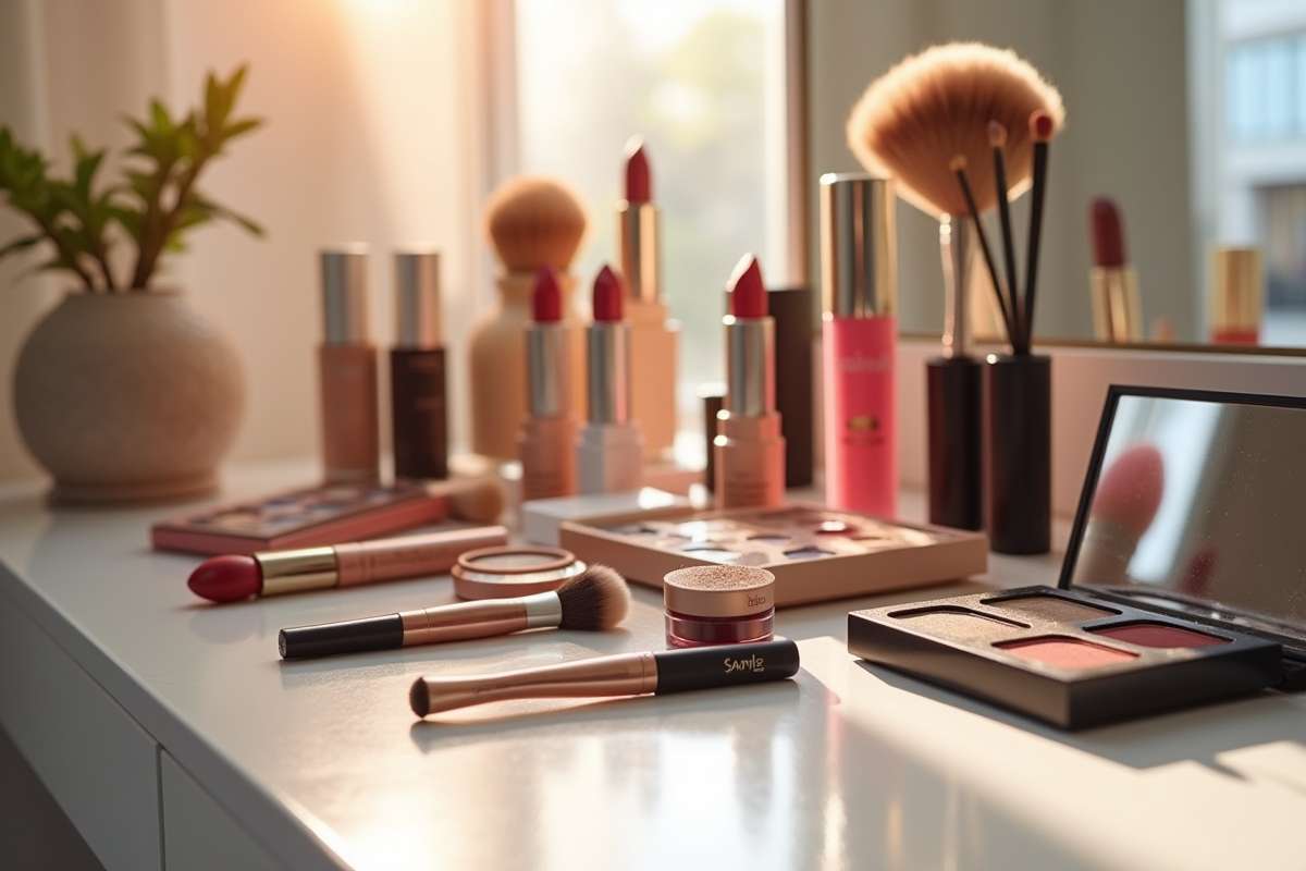 Coiffeuse élégante avec produits de maquillage en lumière naturelle