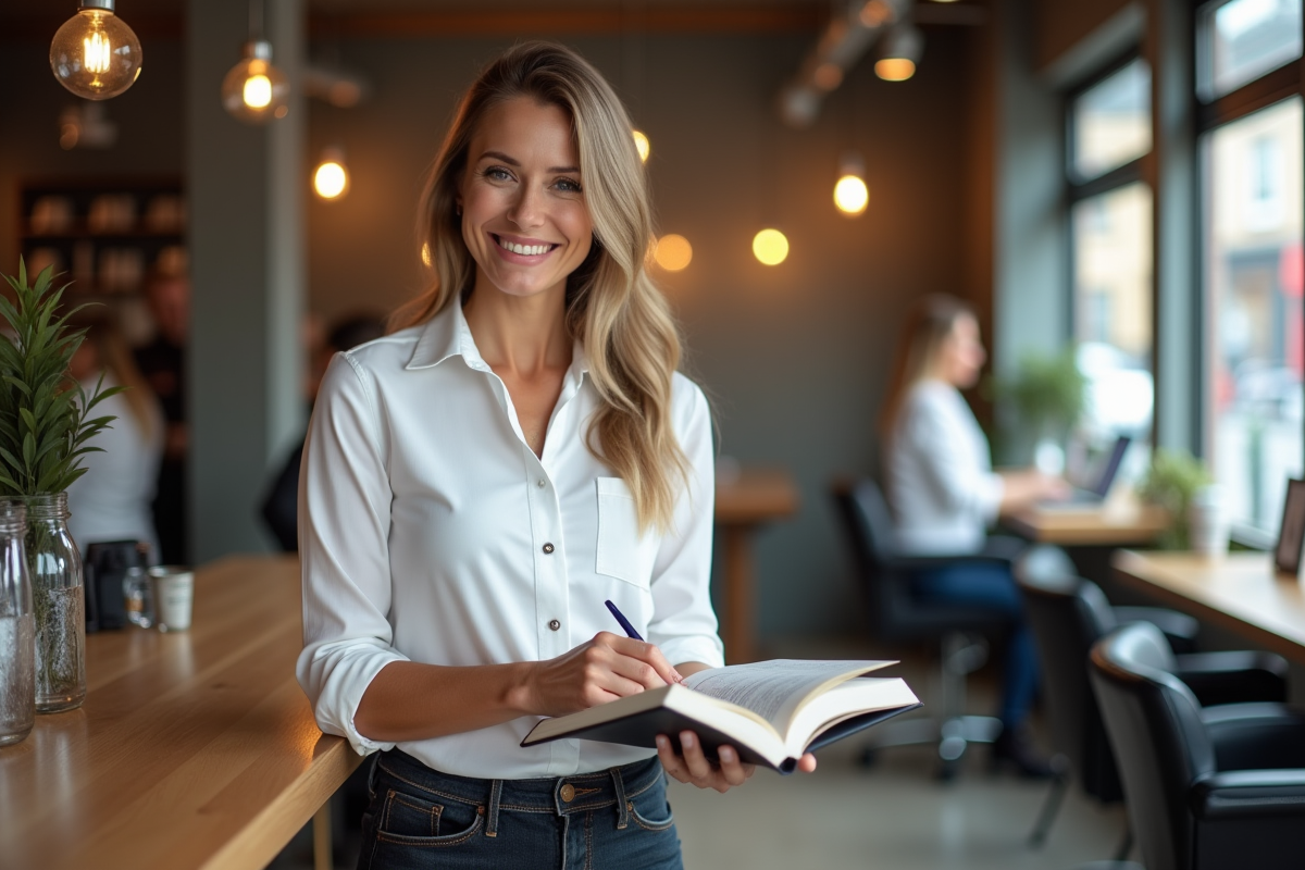 Coiffeuse femme souriante vérifiant son agenda au salon
