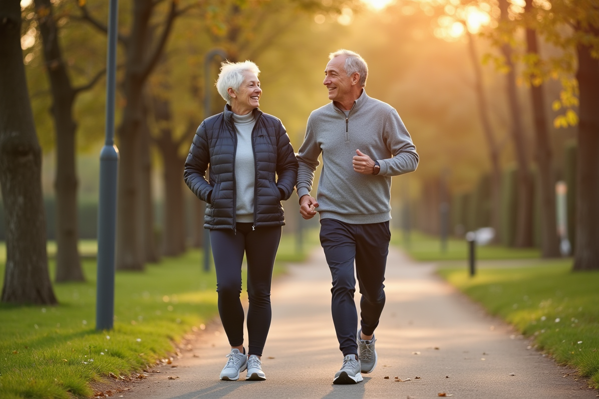 Couple de 50 ans marchant dans un parc en ville