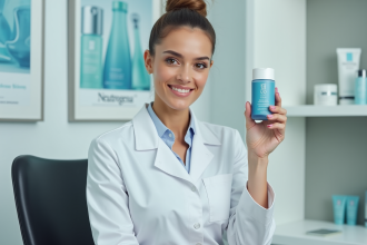 Dermatologue confiante avec produit Neutrogena dans une clinique lumineuse