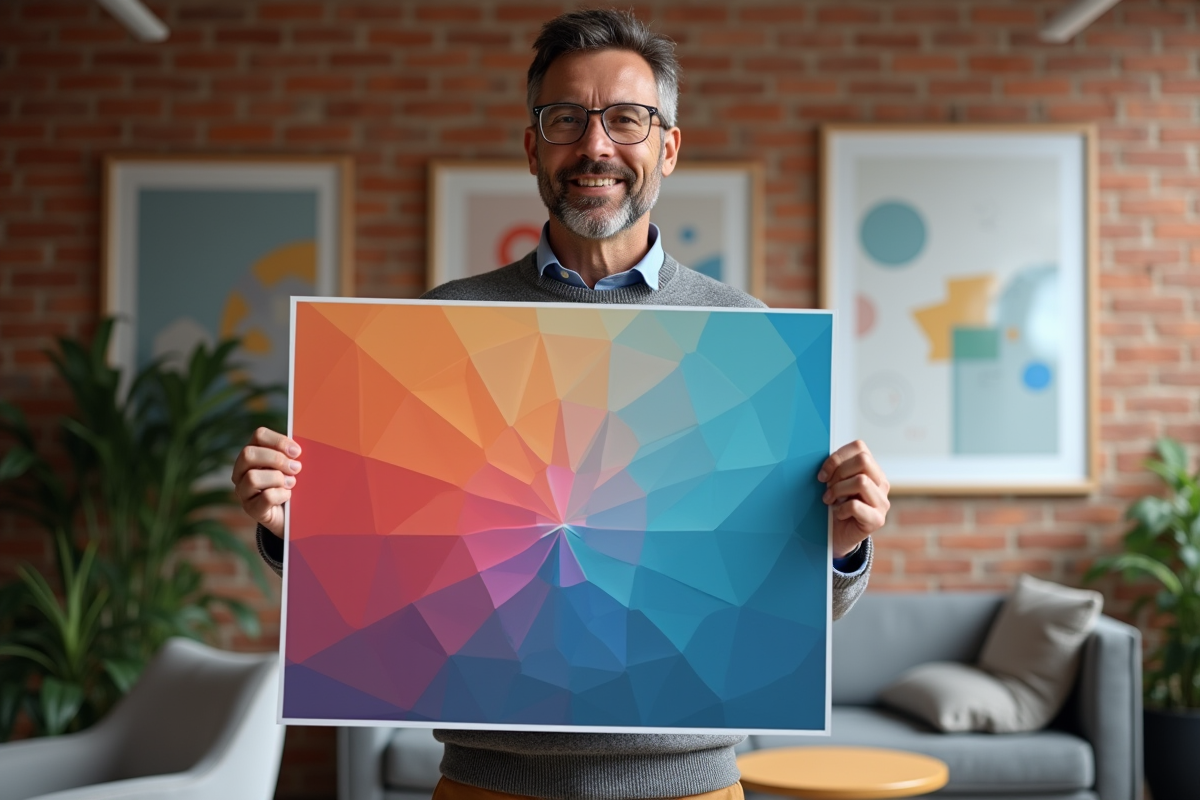 Designer homme tenant une affiche avec dégradés dans un espace de coworking