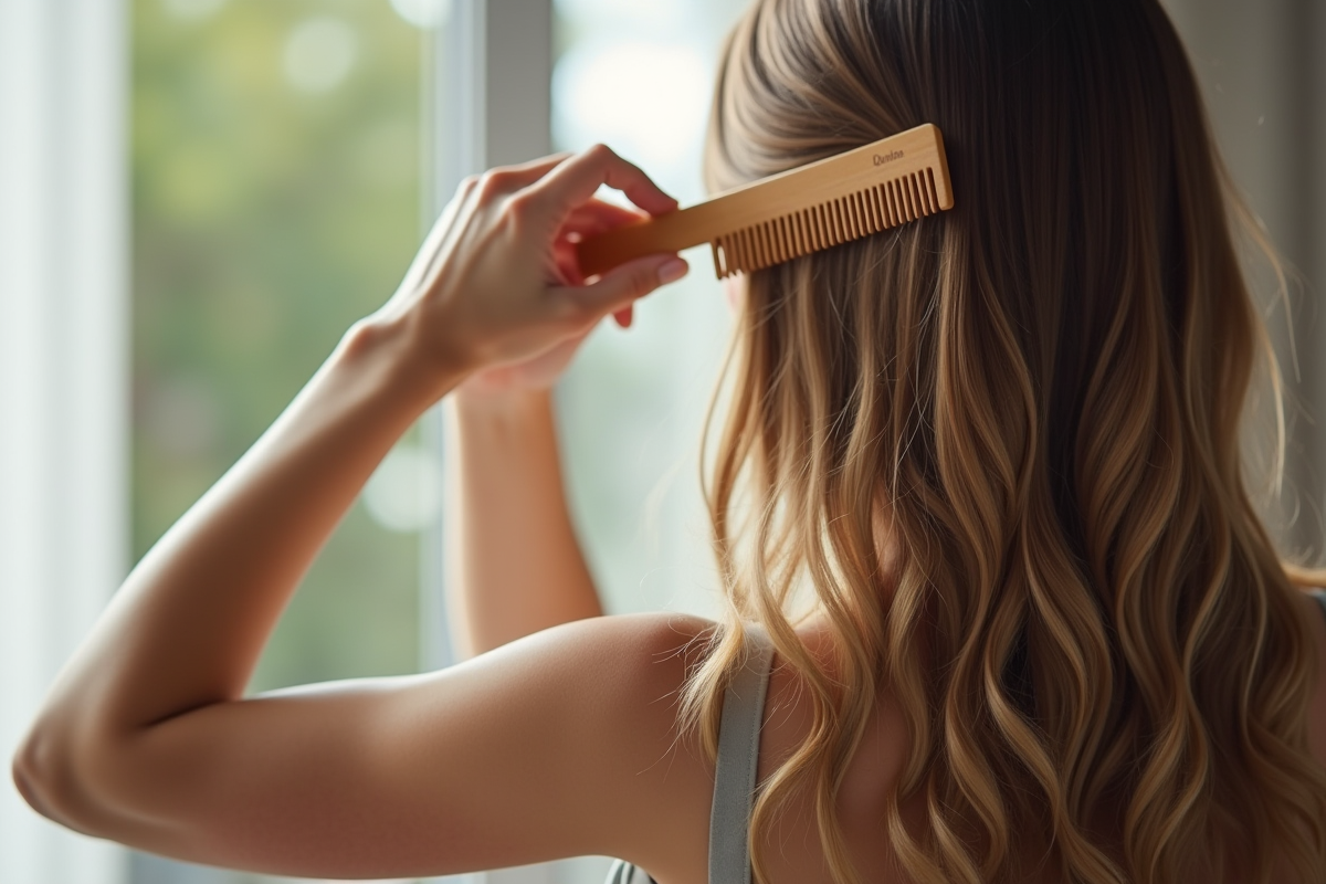 Femme démêlant doucement ses cheveux avec extensions