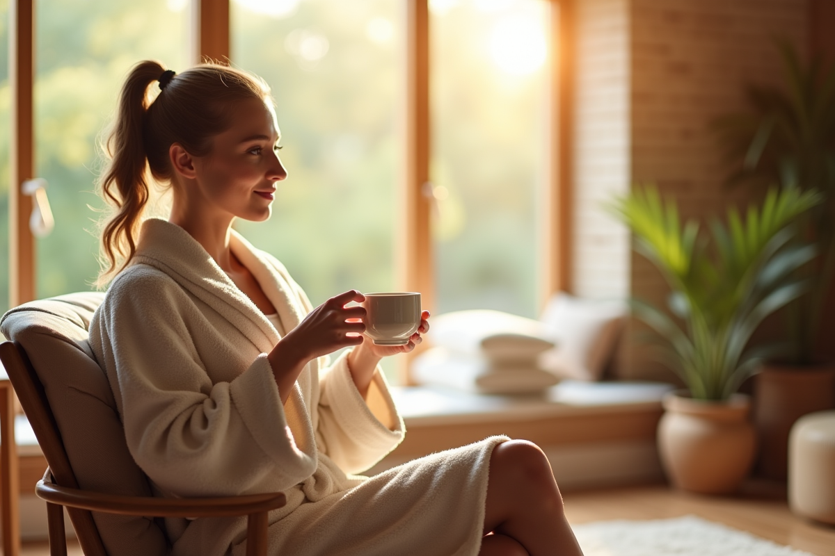 Client dégustant une tisane dans un espace détente lumineux