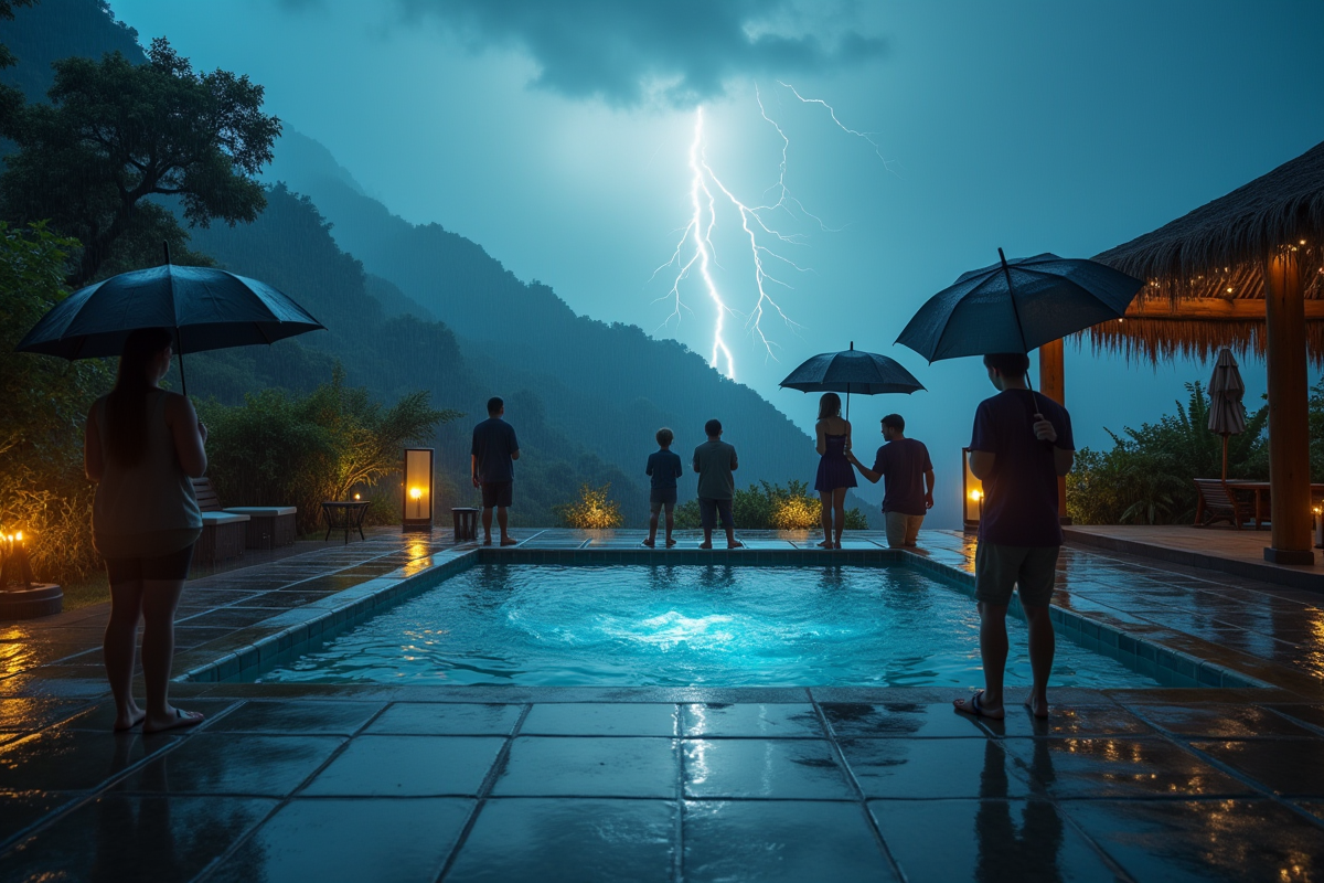 Famille sous parapluies autour du spa lors d