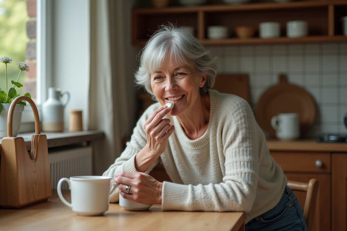 Femme appliquant un baume naturel sur ses lèvres à la cuisine