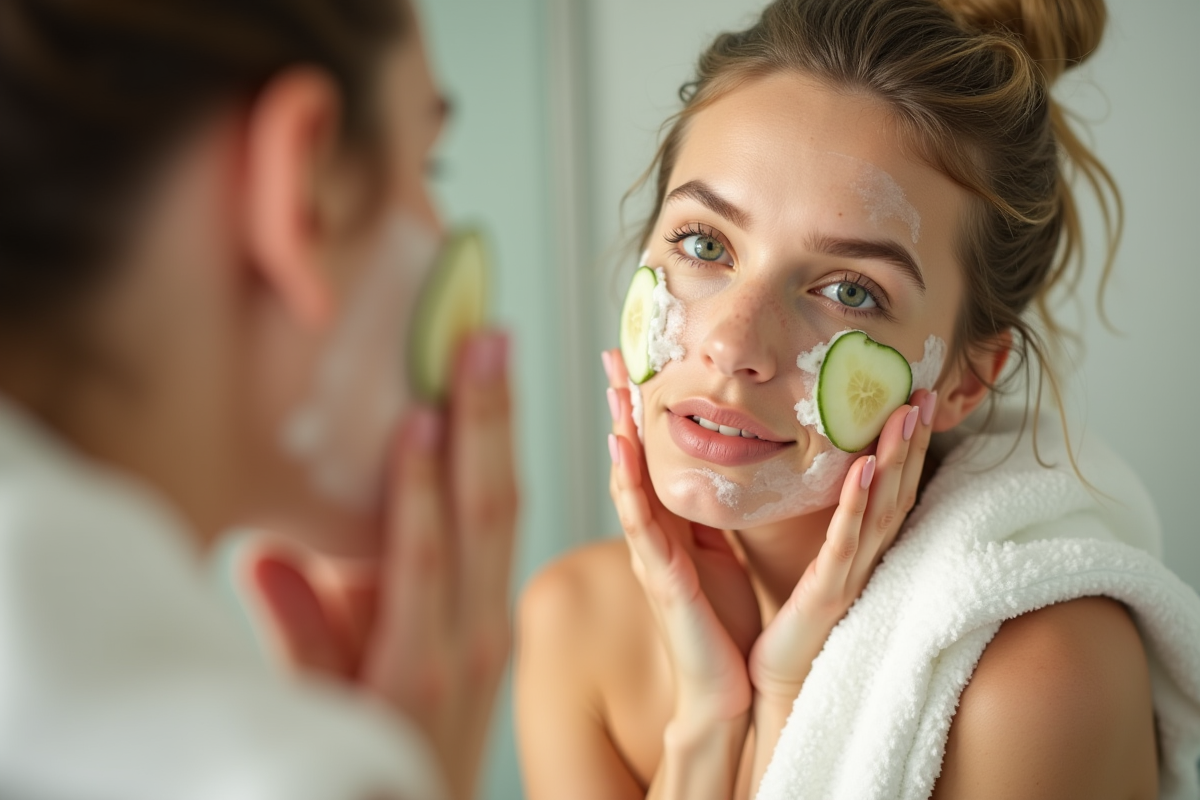 Jeune femme applique nettoyant visage au concombre