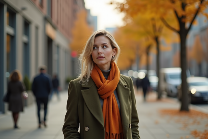 Femme &eacute;l&eacute;gante en automne dans la ville avec manteau vert