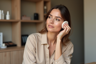 Femme appliquant fond de teint avec une éponge