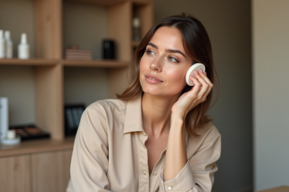 Femme appliquant fond de teint avec une &eacute;ponge