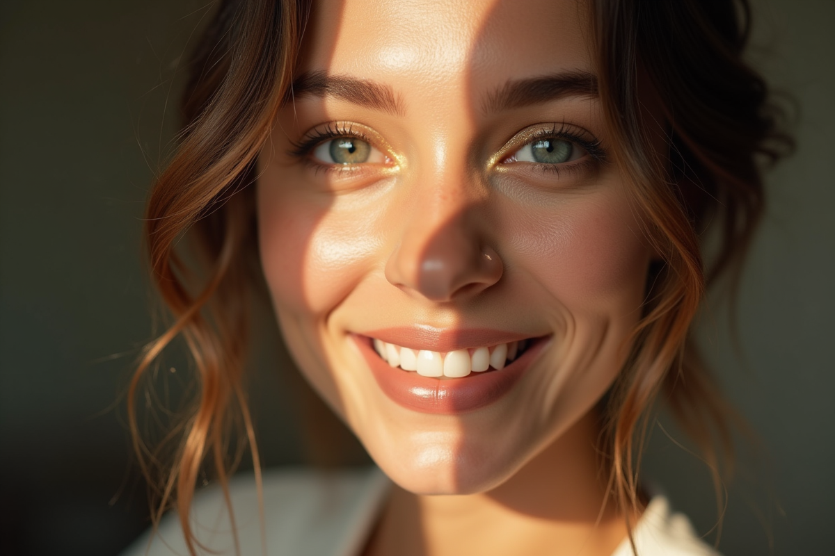 Femme souriante aux yeux noirs et maquillage naturel