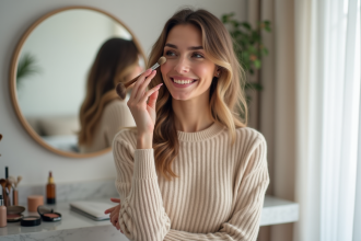Femme appliquant du blush avec un pinceau dans sa chambre lumineuse
