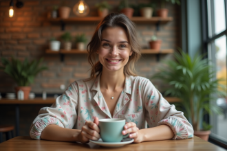 Jeune femme dans un café avec mains et ongles soignés