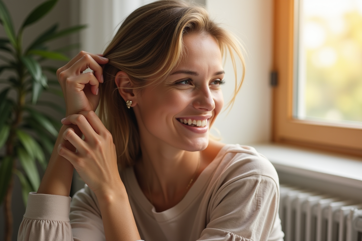 Femme souriante aux cheveux brillants près d'une fenêtre