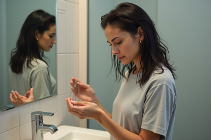 Femme contemplant ses cheveux humides dans le miroir