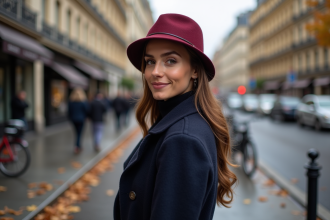 Femme élégante en trench et chapeau à Paris en automne