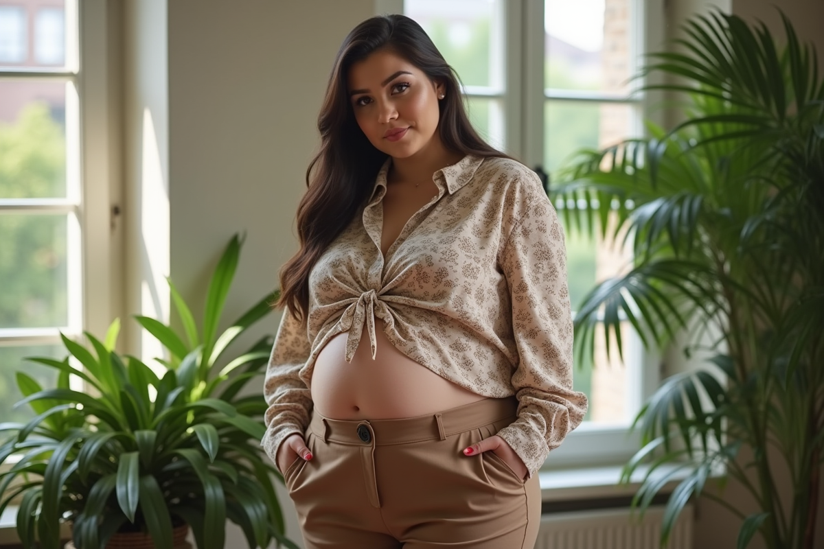 Femme confiante en haute taille près d'une fenêtre