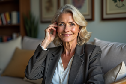 Femme confiante en blazer dans un salon chaleureux