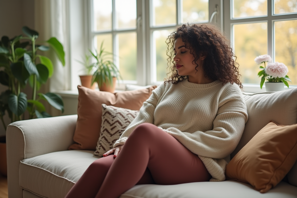 Femme en legging uni sur un canapé cosy à la maison