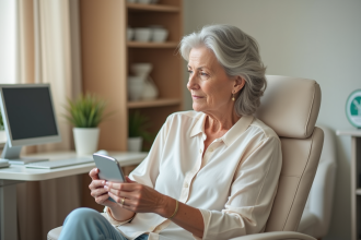 Femme d'une cinquantaine regardant dans un miroir en clinique