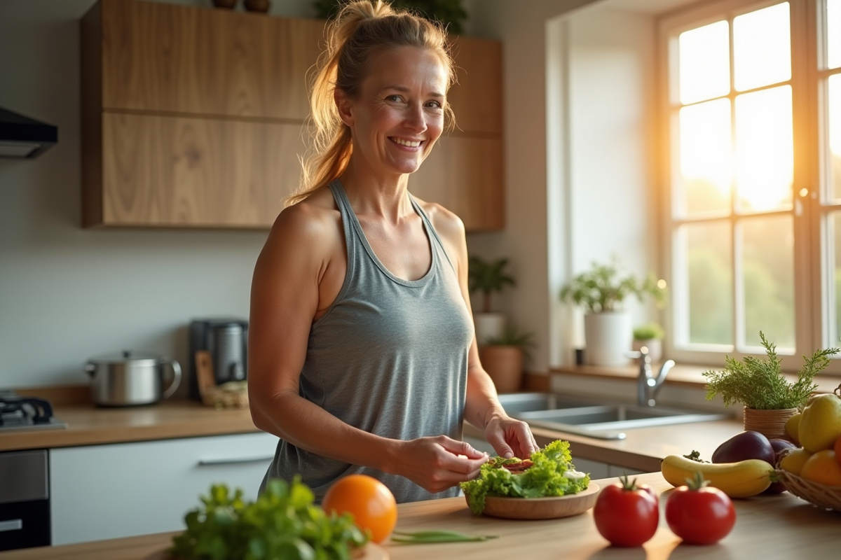 Femme active en cuisine préparant une salade fraîche