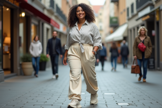 Femme grande taille marche dans la ville en tenue tendance