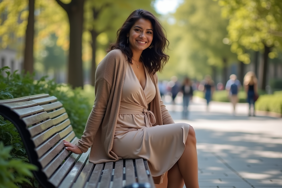 Femme curvy assise sur un banc dans un parc urbain
