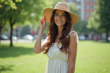 Femme en robe d'été dans un parc urbain en été
