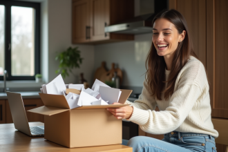 Femme souriante déballant des échantillons dans la cuisine