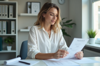Femme examinant un reçu dans un bureau médical moderne