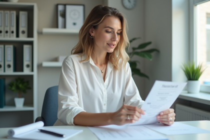 Femme examinant un reçu dans un bureau médical moderne