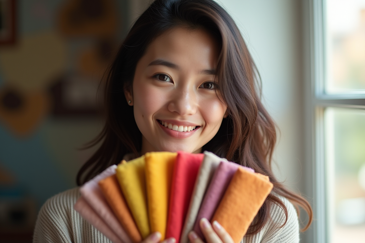 Femme souriante tenant des échantillons de tissus colorés près du visage