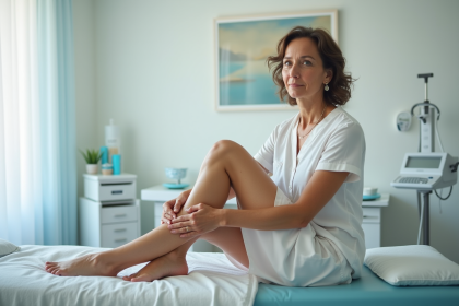 Femme en robe d'été examinant sa jambe dans un cabinet médical