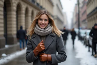 Jeune femme souriante en hiver en ville