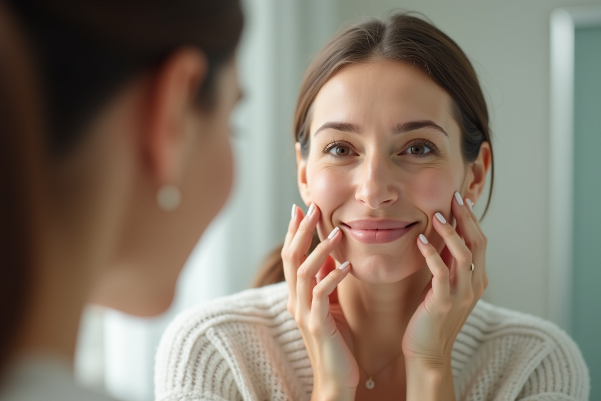 Femme souriante appliquant un serum hydratant sur son visage