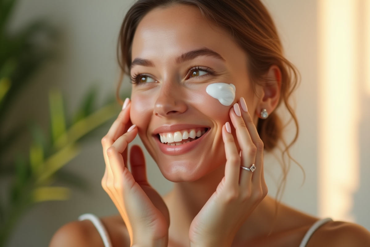 Femme appliquant une creme visage avec peau saine et lumineuse