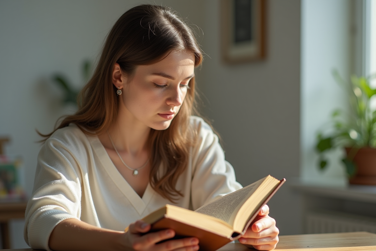 Femme moderne lisant un livre ancien sur l etymologie dans une pièce lumineuse