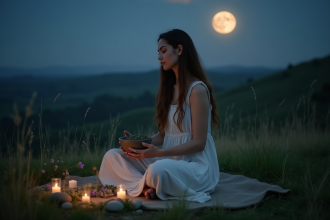 Femme assise sur une colline la nuit avec la lune pleine