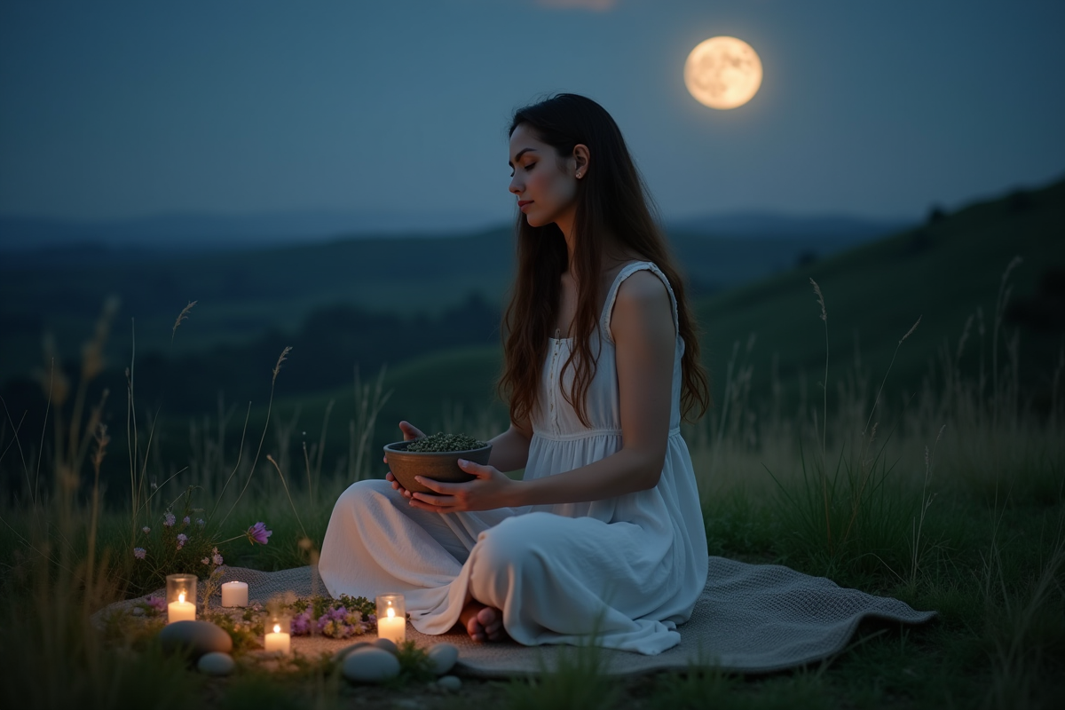 Femme assise sur une colline la nuit avec la lune pleine