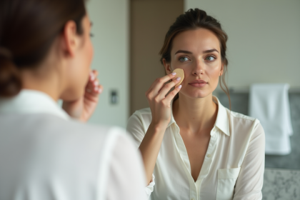 Femme appliquant du fond de teint dans sa salle de bain