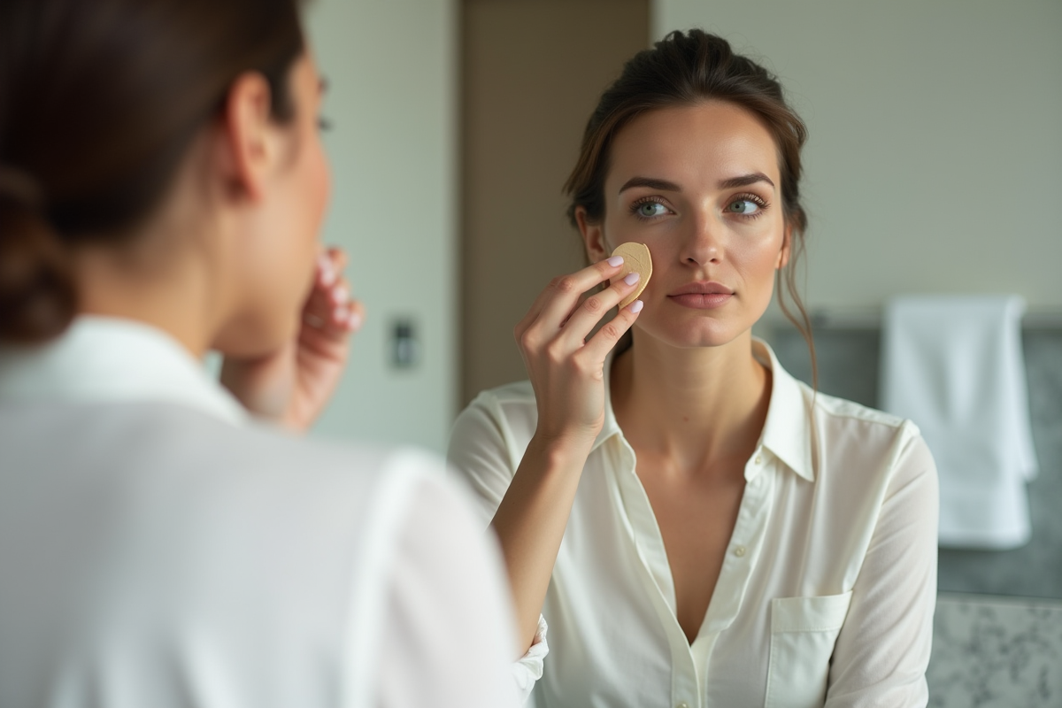 Femme appliquant du fond de teint dans sa salle de bain